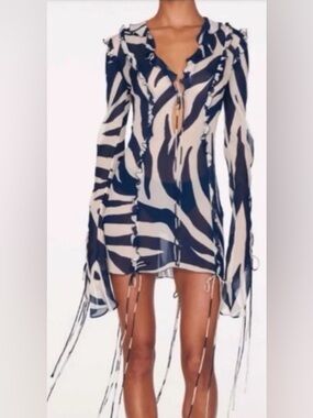 Rat & Boa Navy and White Zebra-Print Tie-Front Blouse